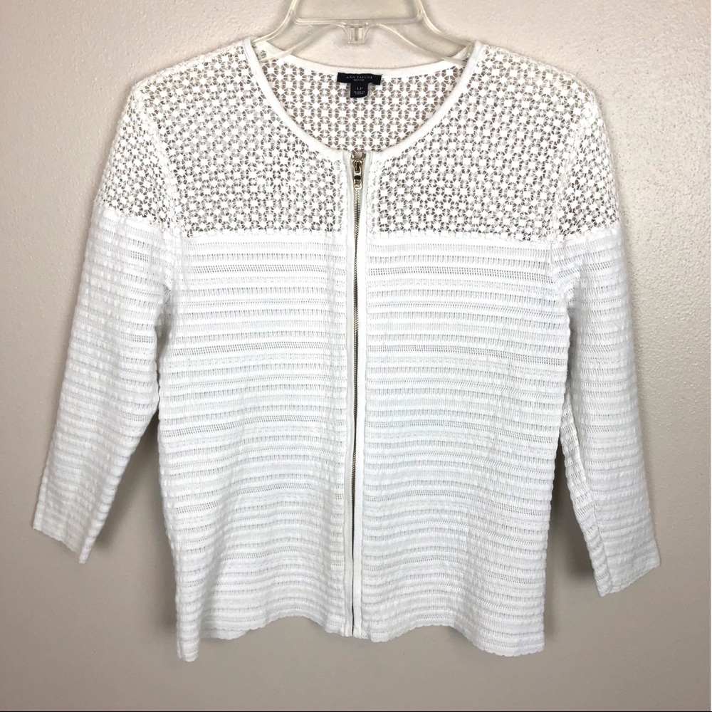 Ann Taylor Petite white zip front cardigan crochet